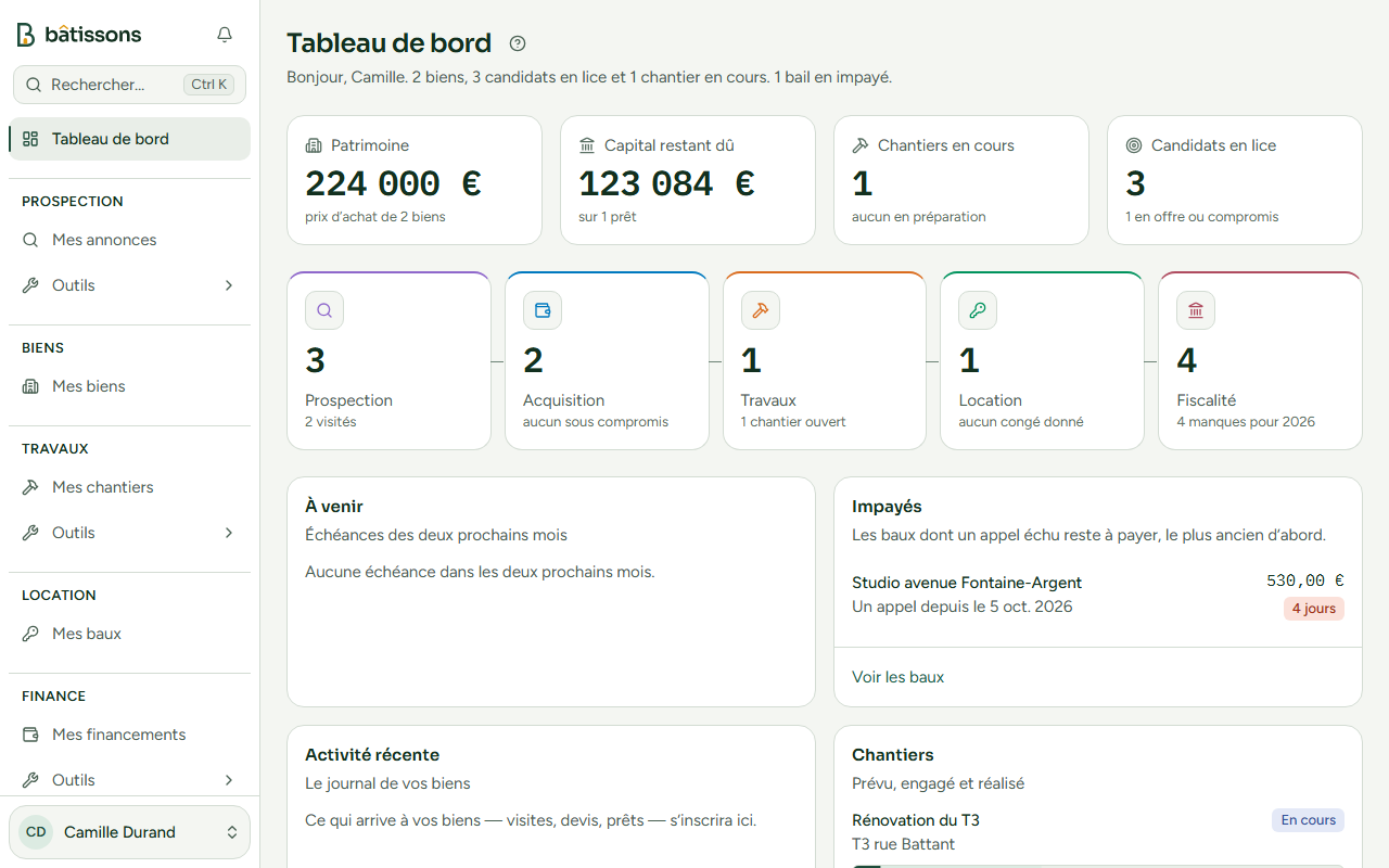 Le tableau de bord de Bâtissons : patrimoine, capital restant dû, chantiers en cours et candidats en lice, puis le parcours en cinq étapes.